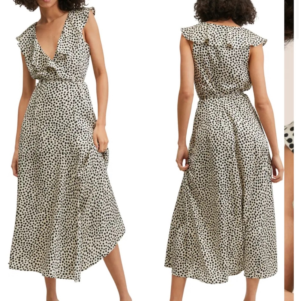 Mango polka dot black white wrap maxi dress